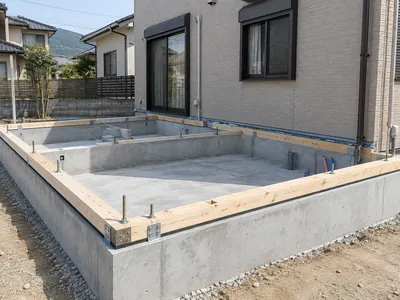既存住宅の横にできた増築部分の基礎と土台